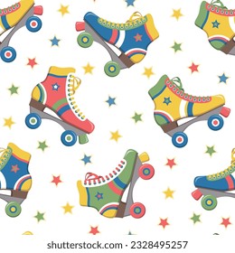 Seamless pattern with colorful retro roller skates. Vector illustration.