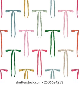Seamless pattern with colorful ribbon bow. Cute hand drawn illustration