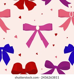 Seamless pattern with colorful ribbons, bows, hearts on white backgrounds. Vector illustration