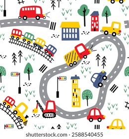 Seamless pattern of colorful roads, cars, buses, and trains in a playful city. Kids transportation concept
