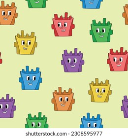 Seamless pattern with colorful robot faces doodle style, vector illustration on yellow background. Childish decorative design for wrapping and packaging, funny character