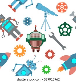 Seamless pattern with colorful robots and mechanical elements. Perfect for children's  wallpaper or fabric