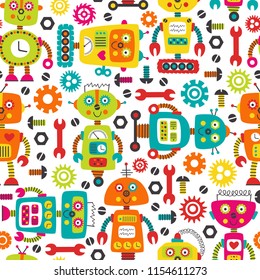 seamless pattern with colorful robots on white background  -  vector illustration, eps