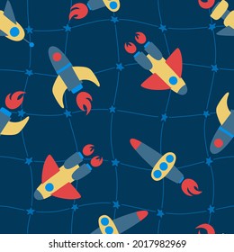Nahtloses Muster bunter Raketen auf blauem Hintergrund. Kosmisches Sternengitter. Ideal für Kinder Design, Stoff, Umhüllung, Tapete, Textilien, Heimgestaltung.