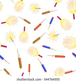 Seamless pattern with colorful rockets and sparkler firework elements isolated on white in cartoon style flat design. Vector New Year attributes with salute emblems and pyrotechnic firecracker.