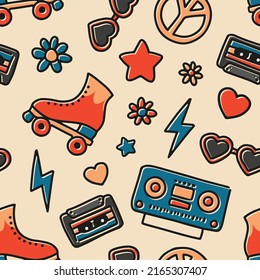 Seamless pattern with colorful roller skates, cassette tapes, heart, flowers and stars