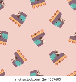 Seamless pattern with colorful roller skates. For card, posters, banners, books, printing on the pack, clothes, fabric, wallpaper, textile or dishes.