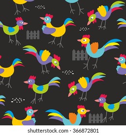 Seamless pattern with colorful roosters. Cock background in vector.