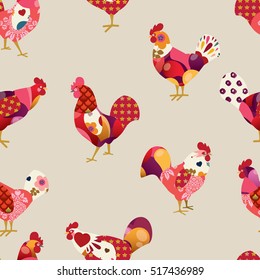 Seamless pattern with colorful roosters. Symbol of 2017 for packing, poster, card, invitation, brochure, flyer, label. Vector illustration