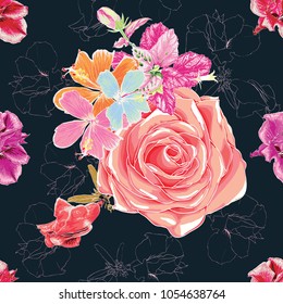 Seamless pattern Colorful Rose,Azalea, Hibiscus flowers and pink leaves on isolated Dark green
bacground.Vector illustration drawing.