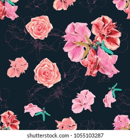 Seamless pattern Colorful Rose,Azalea, Hibiscus flowers and pink leaves on isolated Dark green
backkground.Vector illustration drawing.