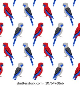 Seamless pattern with colorful rosella parrots. Repeating background with bright pet bird symbols.