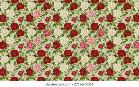Padrão contínuo de rosas coloridas, vermelhas, cor-de-rosa e brancas, com folhas verdes, caules e espinhos, dispostos sobre um fundo branco cremoso.