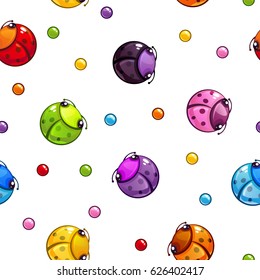 Seamless pattern with colorful round bugs. Funny vector texture.