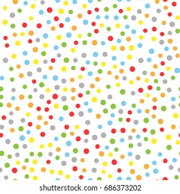 Seamless pattern with colorful round confetti. Polka dot. Drawn by hand. White, yellow, green, orange, blue, gray. Vector illustration.