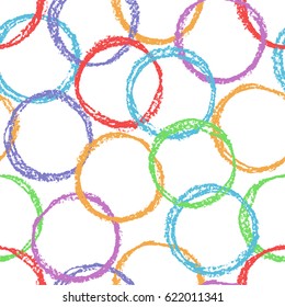 Seamless pattern with colorful round forms. Repeat circle figure with blue, red, green, pink, yellow color. Wax crayon or pastel chalks Hand drawing vector texture background.