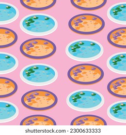 Seamless pattern colorful round isometric ponds with water lilies and fish.vector illustration,wallpaper.