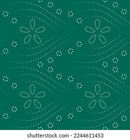 Seamless pattern with colorful round shape, beautiful white lines on green background. Vector illustration.