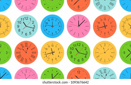 Seamless pattern with Colorful Round wall clock. flat style. isolated on white background