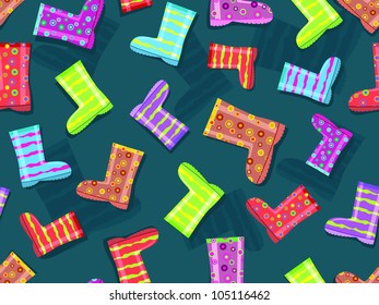 Seamless Pattern with Colorful Rubber Boots on Blue Background. Vector Illustration.