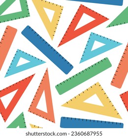 Seamless pattern with colorful rulers and triangle rulers isolated on white background. School, office, geometry supplies. Vector flat illustration