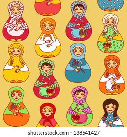 Seamless pattern of colorful Russian dolls matrioshka