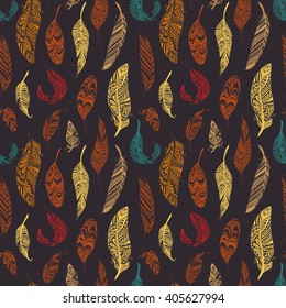 Seamless pattern with colorful Rustic Ethnic decorative feathers. Hand drawn vintage vector design set. Ink sketch illustration. Vintage Tribal and Decorative zentangle feathers.
