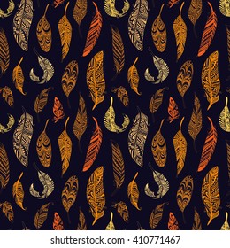 Seamless pattern with colorful Rustic Ethnic decorative feathers. Hand drawn vintage vector design set. Ink sketch illustration. Vintage Tribal and Decorative zentangle feathers.