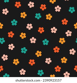Seamless pattern with colorful sakura flower and black  background