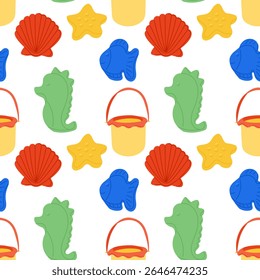 Seamless pattern with colorful sand toys including buckets, starfish, fish, seahorses and shells. Represents playful beach time, summer fun and childrens outdoor activities