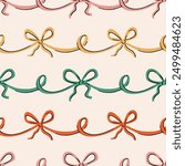 Seamless pattern colorful satin bow knots. Repated pattern design for Christmas, birthdays, weddings, Valentine's day wrapping paper. Seamless pattern of coquette vintage narrow ribbon bows. 