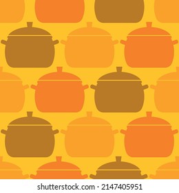 Seamless pattern with colorful saucepans on yellow background. Flat icon pot. Background for kitchen. Retro design for print on fabric, wrapping paper, wallpaper, packaging. Vector illustration