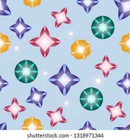 Seamless pattern with colorful scattered gems on light background. Colorful illustration in realistic style. Vector illustration EPS10