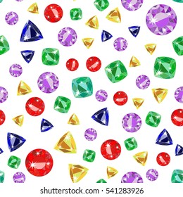 Seamless pattern with colorful scattered precious gems from different cuts on white background. Vector illustration