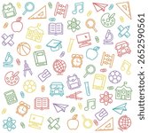 Seamless pattern of colorful school icons. Back to school.