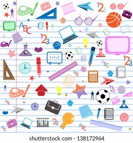 seamless pattern with colorful school icons on background with media icons