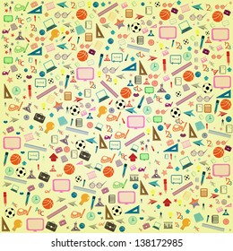 seamless pattern with colorful school icons on background with media icons