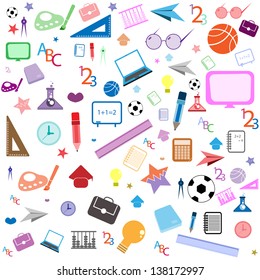 seamless pattern with colorful school icons on background with media icons