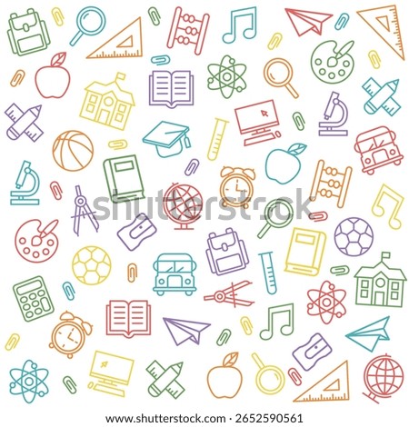 Seamless pattern of colorful school icons. Back to school.