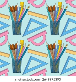 Padrão perfeito com artigos de papelaria escolares coloridos com lápis, pincéis, réguas e protetores em suportes de lápis. Para voltar ao tema da escola, design de material escolar, impressão têxtil, papel de embrulho.