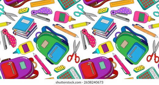 seamless pattern with colorful school supplies on white background, hand drawn stationery elements including backpack, scissors, books, glue, ruler, pen, pencil