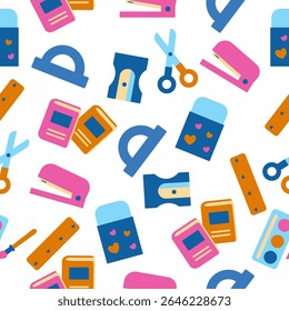 Seamless pattern of colorful school supplies including books, scissors, erasers, staplers, sharpeners, and rulers on transparent background.