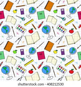 Seamless pattern with colorful school supplies. Sketch-like illustration of books, pens and other objects for studies. Background imitating a sheet of paper from a copy-book. Already in swatches.