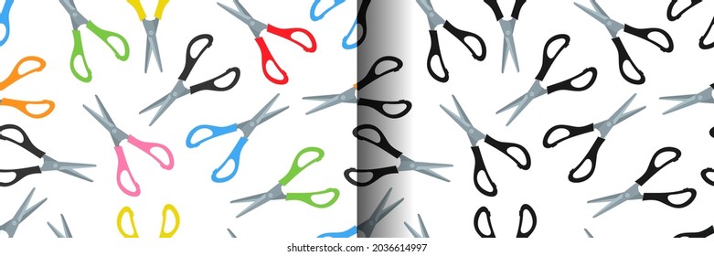 Seamless pattern with colorful scissors on white background. Wallpaper, wrapping, fabric and textile design. Vector illustration