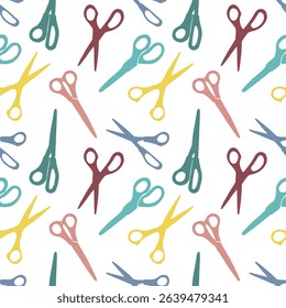 Seamless pattern of colorful scissors for paper or sewing. Pink, blue, green, yellow and beige. Vector background of sewing accessories for educational materials, projects and Back to school theme.