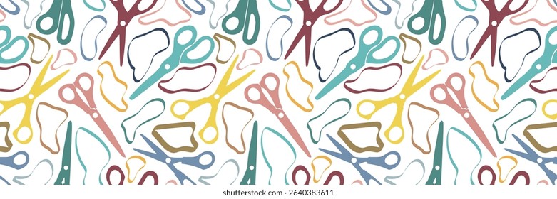 Seamless pattern of colorful scissors for paper or sewing with ovals of irregular, streamlined shape. Vector background of school supplies for educational materials and Back to School theme.