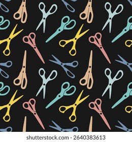 Seamless pattern of colorful scissors for paper or sewing. Pink, blue, green, yellow and beige on dark. Vector background of sewing accessories for educational materials and Back to school theme.