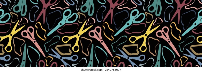 Seamless pattern of colorful scissors for paper or sewing with ovals of irregular, streamlined shape. Vector background of school supplies for educational materials and Back to School theme.