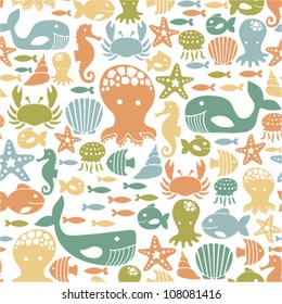 Seamless Pattern With Colorful Sea Creatures