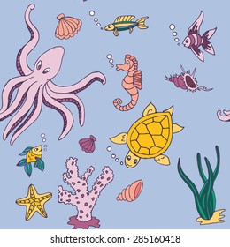 Seamless pattern with colorful sea creatures. Vector illustration.